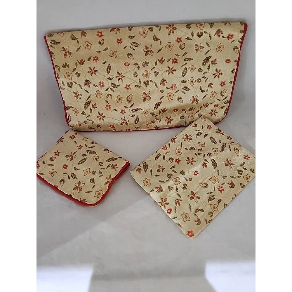 Floral Brocade 3pc Set Clutch Tissue Holder Coin Purse Cream Red Gold Trim